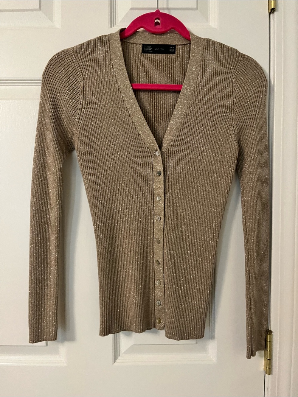 Zara Metallic Ribbed V-Neck Sweater - Beige